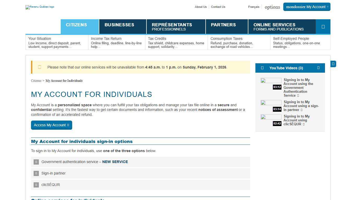My Account for Individuals Revenu Québec