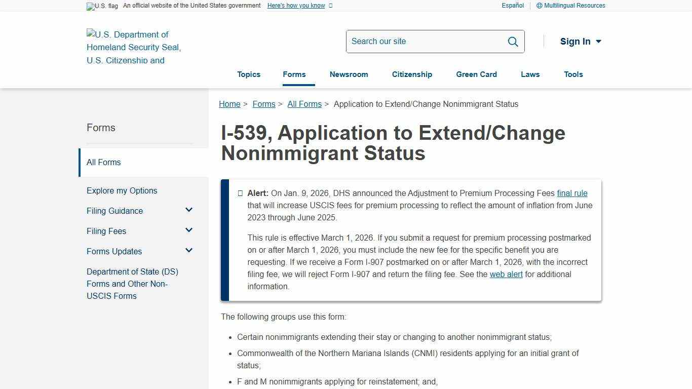 Application to Extend/Change Nonimmigrant Status USCIS